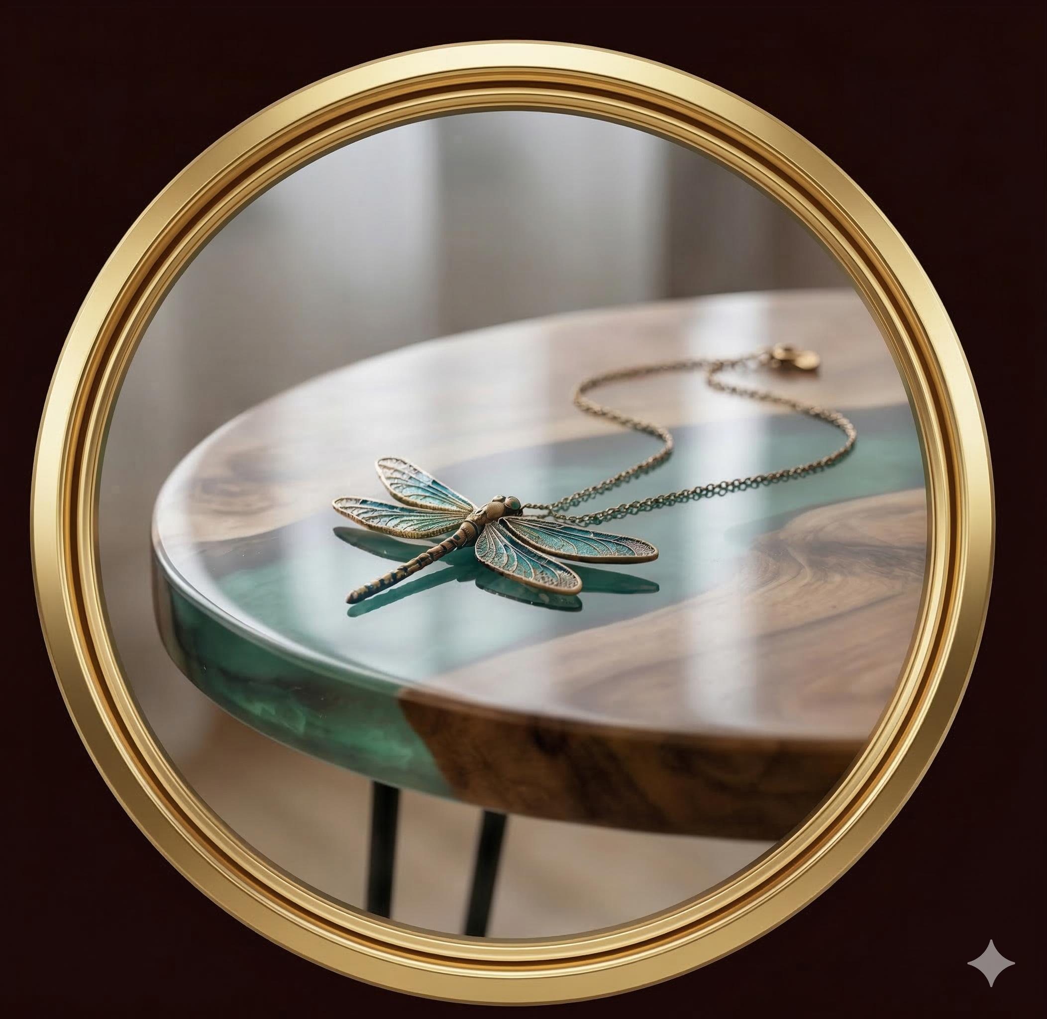 Naszyjnik ważka na stole z żywicy epoksydowej – biżuteria EPOXIA